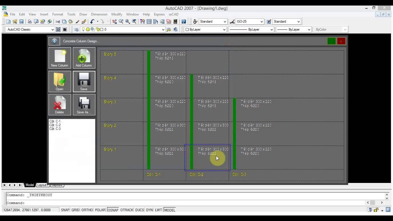Hướng dẫn vẽ cột, thống kê thép trên AutoCAD thuộc phần mềm sxCAD