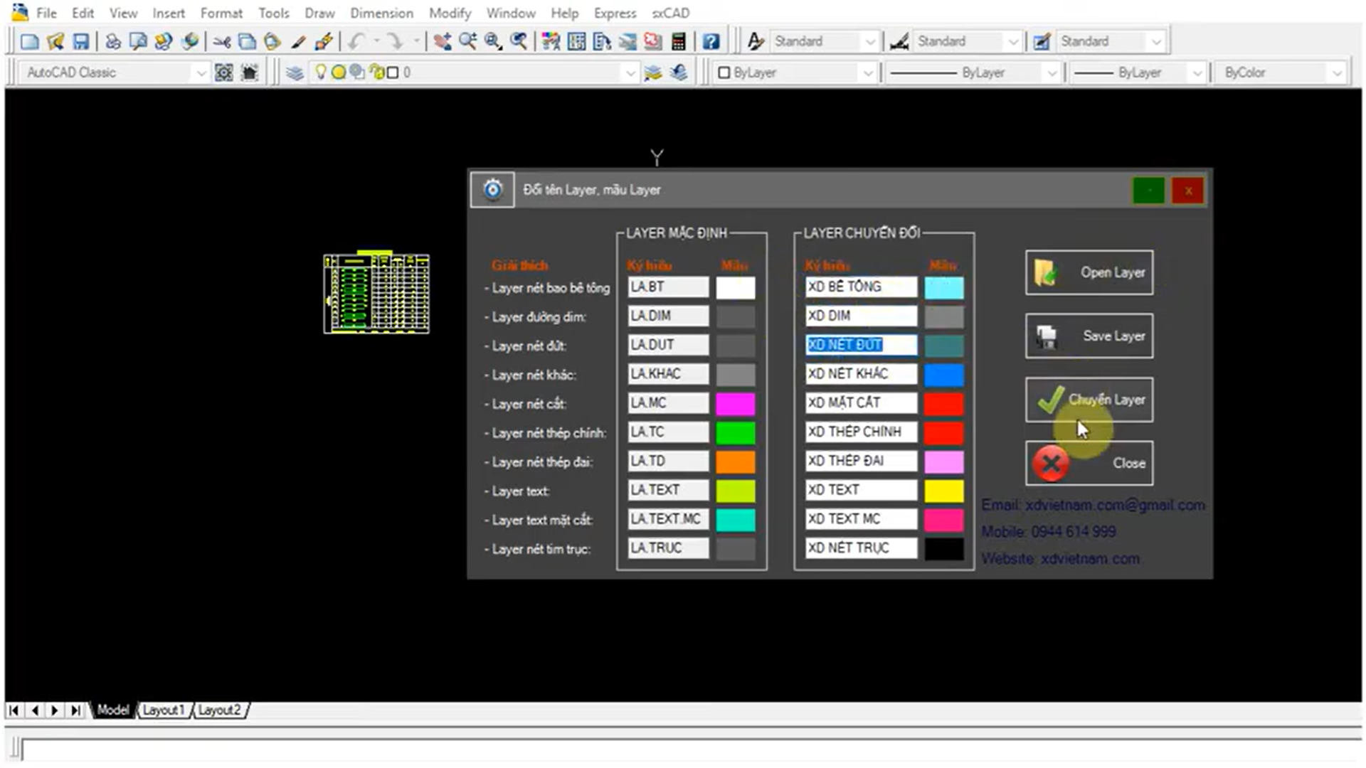 Thay tên layer, mầu layer trên AutoCAD thuộc phần mềm sxCAD